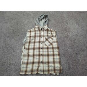 Forever 21 Button Up Shirt Mens Medium Plaid Long Sleeve Hooded Flannel Cutoff